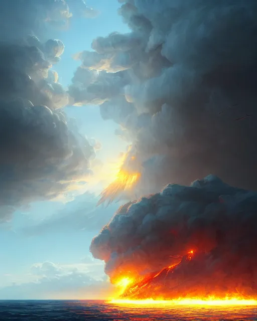 Prompt: matte painting,Epic scene, Fire Phoenix,sea,cloud,by greg rutkowski and Richard Lay,in volumetric lighting, Trending on artstation,HD