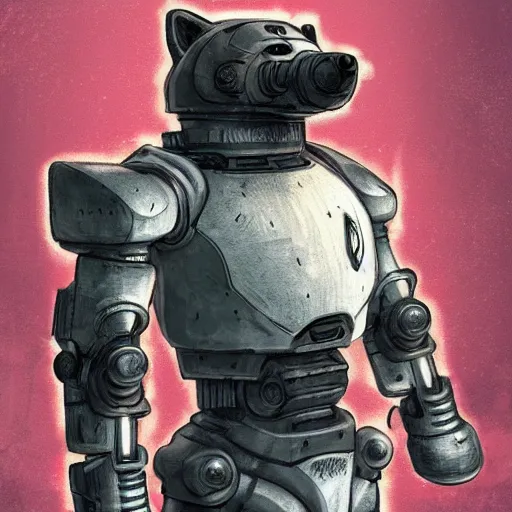 Prompt: anthropomorphic shiba inu robot power armor, face visible wearing no helmet, dark sci - fi background, intricate, highly detailed, smooth, artstation, concept art