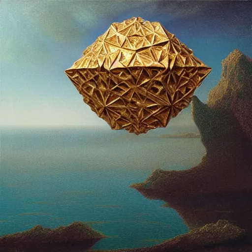 Prompt: a highly detailed oil painting of an icosahedron floating above a lake, Agostino Arrivabene, painted on ancient wood