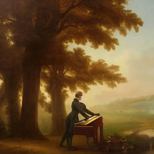 Prompt: an impressively euphoric 1 8 0 0 s romanticism - inspired oil painting depicting a man playing a piano underneath a foggy tree line at dawn inspired by liberty leading the people