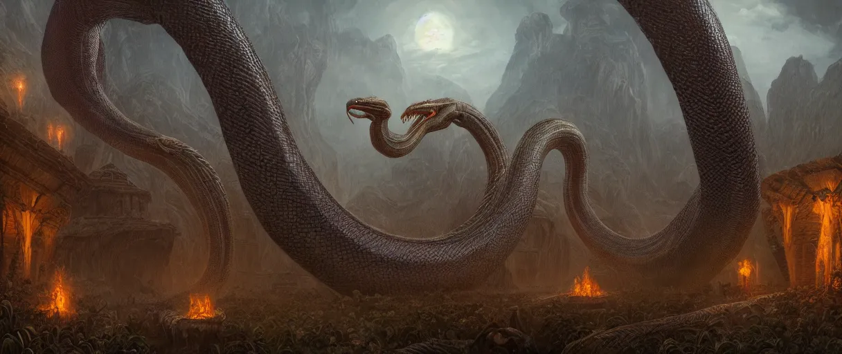 Prompt: a giant cobra near a village, high detail, 8k, ornate, dark fantasy, realistic, masterpiece, Trending on art station, complex, WLOP, film still from the movie directed by Denis Villeneuve with art direction by Alex Grey, Greg Rutkowski