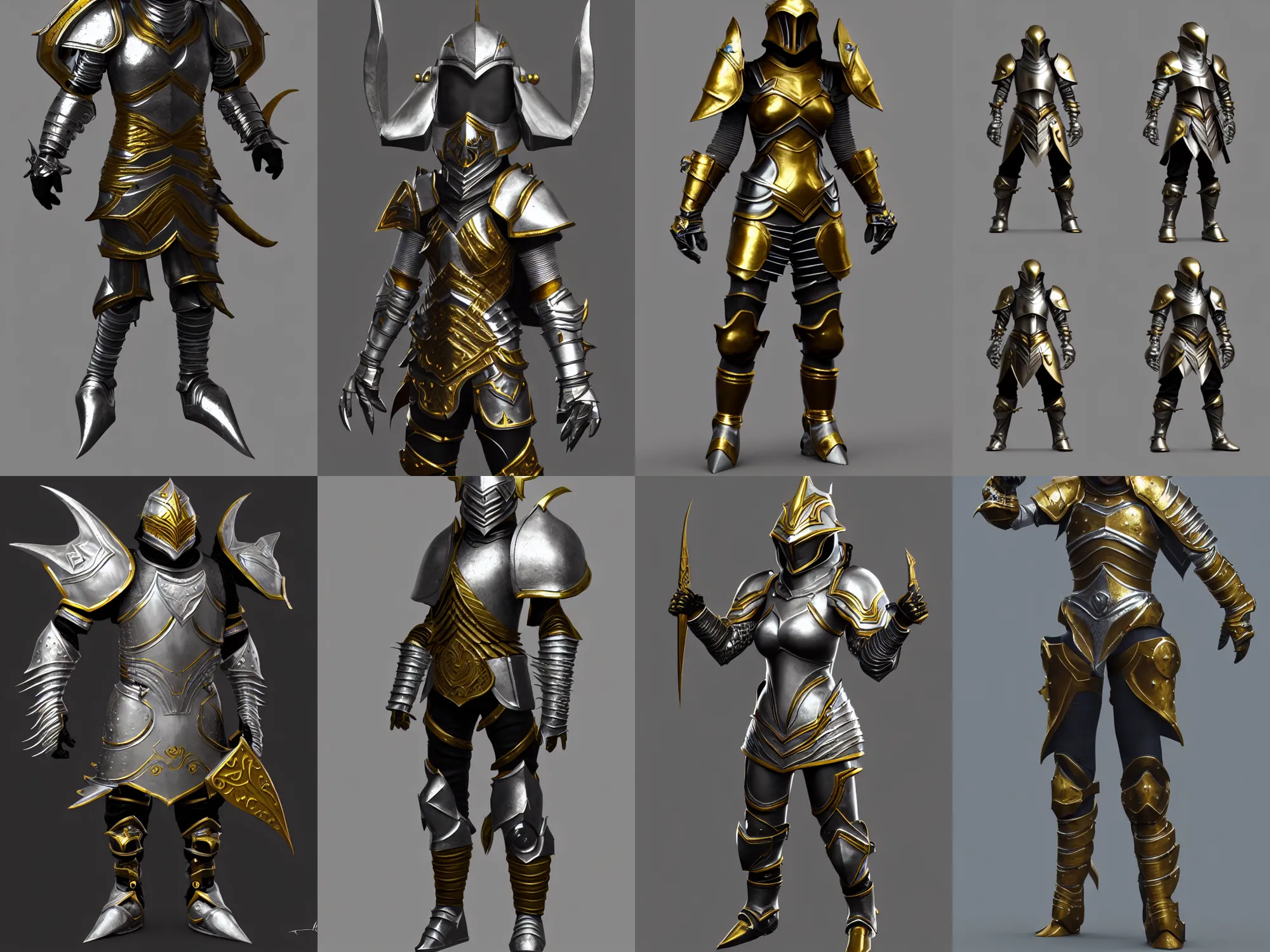Prompt: render of incredible awesome fantasy armor, rogue, silver with gold trim, huge stylized pauldrons, medieval fantasy, extremely clean, exaggerated proportions, trending on Artstation, HD Octane render, 8k