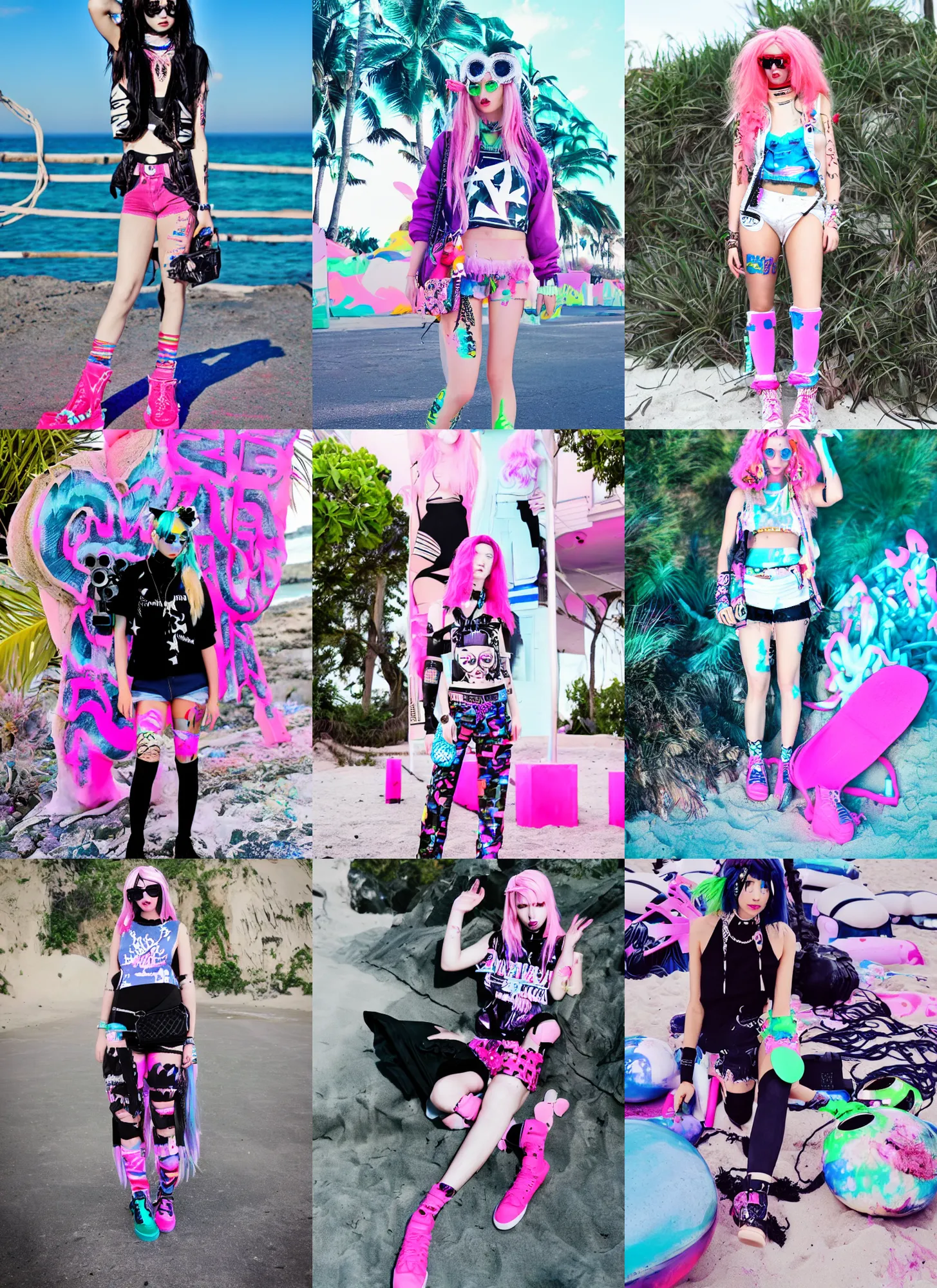 Prompt: synthwave beach, balenciaga military, hot topic, decora inspired