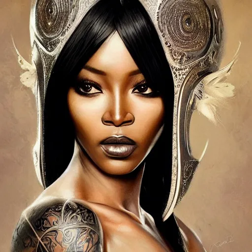 Image similar to an attractive young tattooed female with piercings wearing an white ornate metallic helmet, naomi campbell, olive skin, long dark hair, beautiful bone structure, intricate, elegant, highly detailed, digital painting, artstation, concept art, smooth, sharp focus, illustration, art by artgerm and greg rutkowski and alphonse mucha