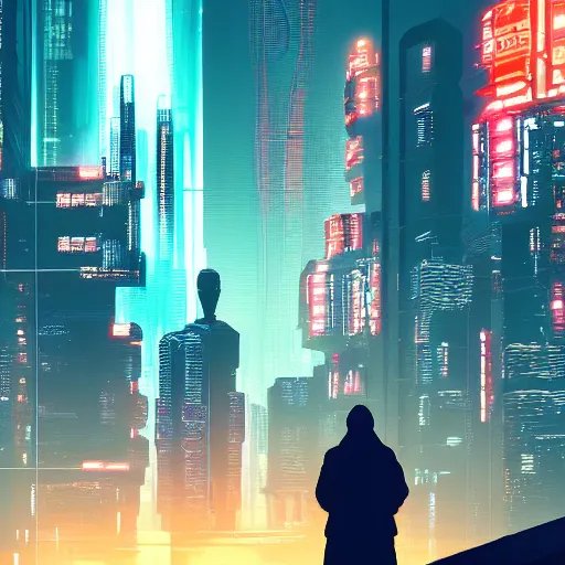 Prompt: cyberpunk artstation city at night hooded silhouette person in foreground