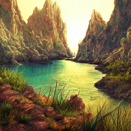 Prompt: artistic digital artwork of a lush natural scene on an alien planet. beautiful landscape by lurid ( 2 0 2 2 ). weird vegetation. cliffs and water. grainy and rough. soft interesting colour palette. beautiful light. high quality render.