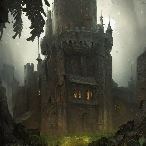 Prompt: portrait of a medieval castle in the rainforrest by Cedric Peyravernay, highly detailed, excellent composition, cinematic concept art, dramatic lighting