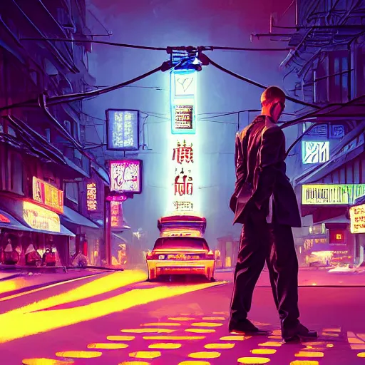 Prompt: sargent and leyendecker and greg hildebrandt, yakuza kiryu kazama kamurocho, with neon signs, while it's raining, stephen bliss, unreal engine, fantasy art by greg rutkowski, loish, rhads, ferdinand knab, makoto shinkai, ilya kuvshinov, rossdraws, global illumination, radiant light, detailed and intricate