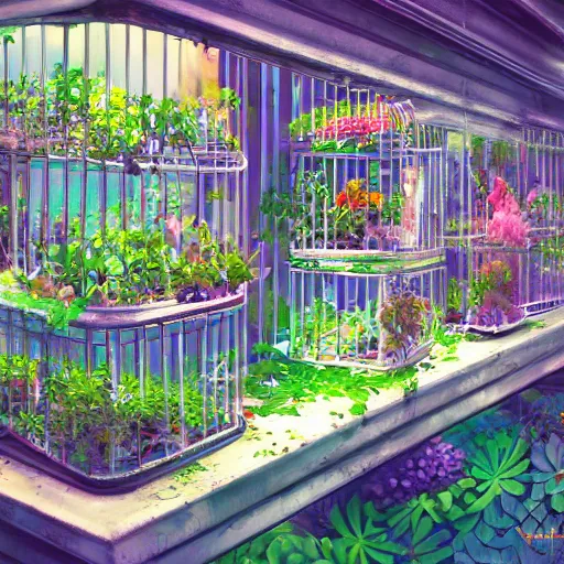 Image similar to messy cozy store with cluttered hanging cages and bright aquariums, dense verdant foliage, dim painterly lighting, impasto, trending on pixiv