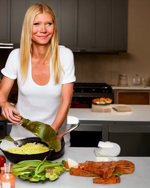 Image similar to wide shot photoshoot of gwyneth paltrow preparing a meal, 8 k, photorealistic