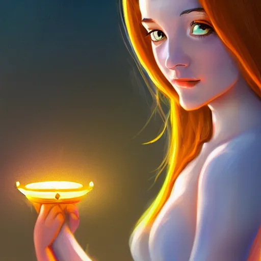 Image similar to a princess looking at a glowing crown, digital painting, hd, anime art, smooth, Rutkowski Greg, Tran Ross