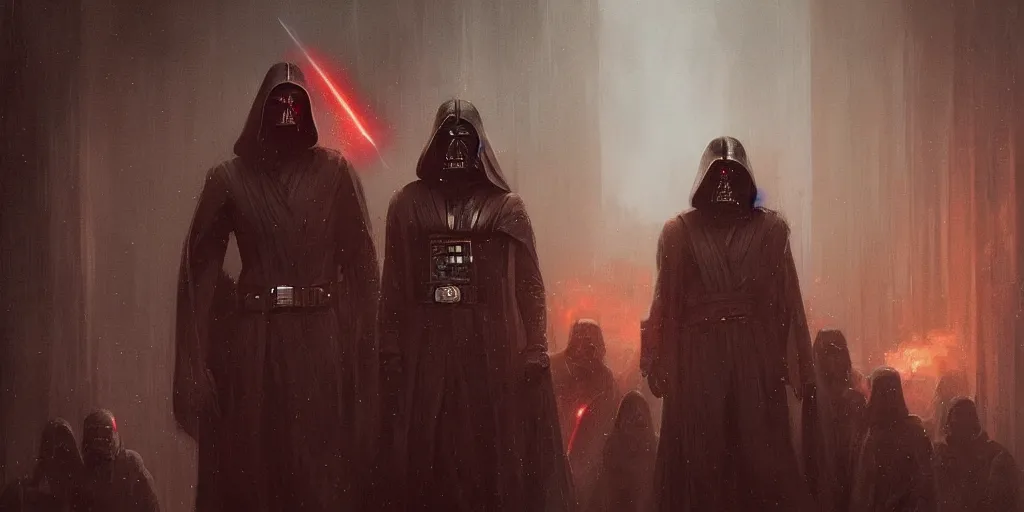 Image similar to a painting of a cinematic keyframe of star wars a dark sith's cult, heavy atmosphere and smoke by greg rutkowski, rule of thirds, golden ratio, ambient lighting, wlop, artgerm, artstation, highly detailed masterpiece, dark fantasy art, high detail, trending on artstation