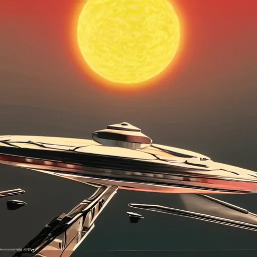 Image similar to flying a space ship into the sun, digital art by syd mead, 8k, photorealistic, trending on artstation