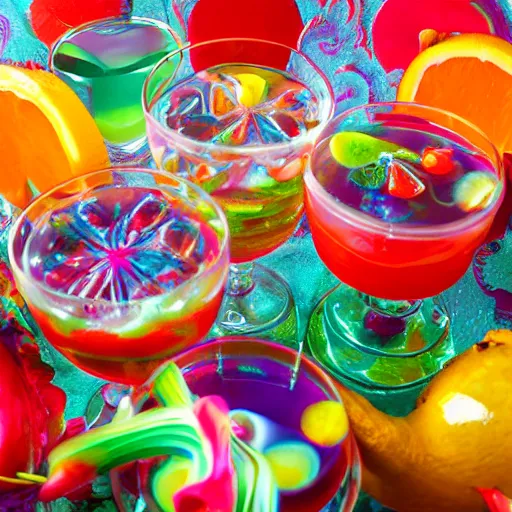 Prompt: Exotic, vibrantly colorful cocktail. Wacky glass. Cookbook photo. Closeup, highly detailed.