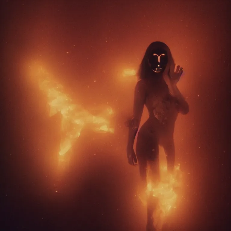 Prompt: The full body shot of beautiful pale woman with many eyes flowers and full-face golden mask inside a thick black smoke in rocky desert landscape, glowing eyes, falling star on the horizon, burning earth by Gaspar Noe and Christopher Doyle, anamorphic lens, anamorphic lens flares, kodakchrome, cinematic composition, practical effects, award winning photo, 8k