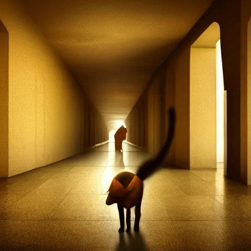 Image similar to a cat that is walking down a hallway, egyptian art by hanns katz, pixabay contest winner, magical realism, anamorphic lens flare, storybook illustration, matte painting