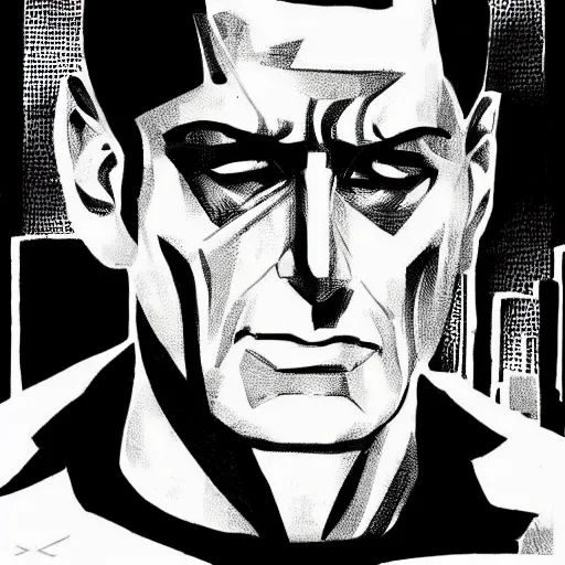 Image similar to a cyberpunk mafia boss with slicked back hair, in a cyberpunk setting, comic book art, cyberpunk, art by stan lee, pen drawing, inked, black and white, dark, moody, dramatic, deep shadows, marvel comics, dc comics