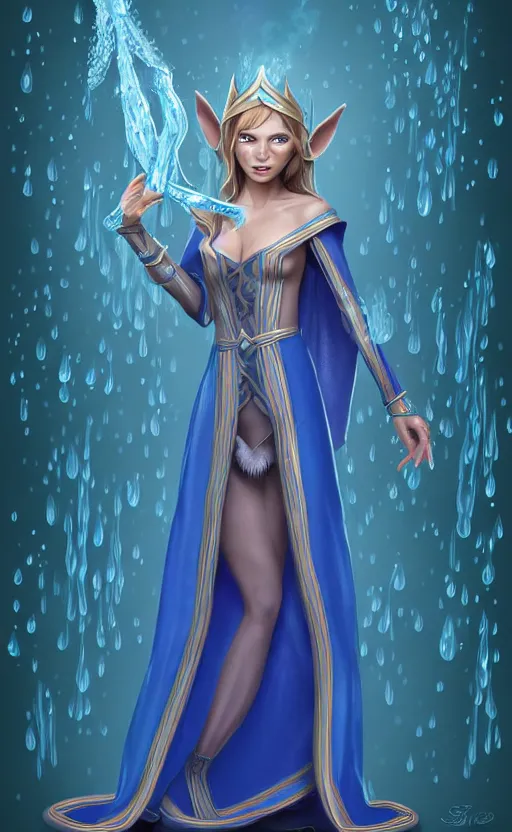 Image similar to elf female sorcerer doing water magic spells, blue robes, exquisite details, full body character design on a white background, by studio muti