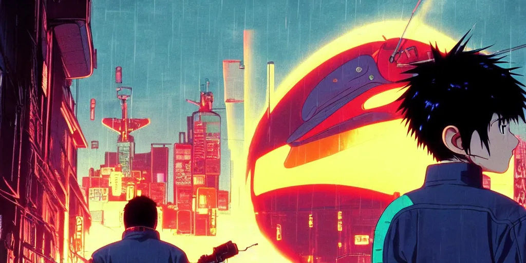 Image similar to twilight lighting, moody, atmospheric, solarpunk, kaneda and his motorcycle from akira, rainy, in the art style of neon genesis : evangelion, 8 0 s anime style, by ghibli studio and victor ngai, ghost in the shell art style, akira artstyle, pixar highly detailed, 8 k h 5 7 6