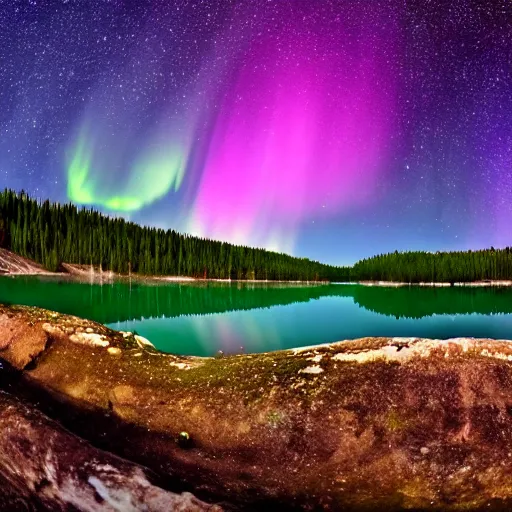 Image similar to a lake in the woods, night time, starry sky, aurora borealis, wide lens, beautiful scenery