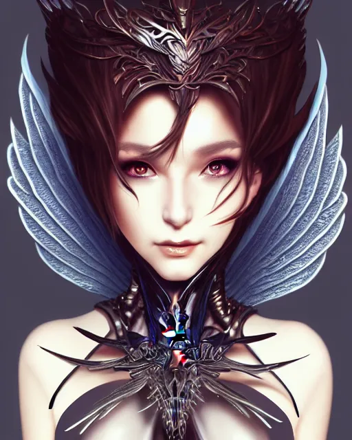 Image similar to 3 / 4 view of woman with metal wings, pixie character, genshin impact, intricate, elegant, sharp focus, illustration, highly detailed, concept art, matte, artgerm, anime, trending on artstation