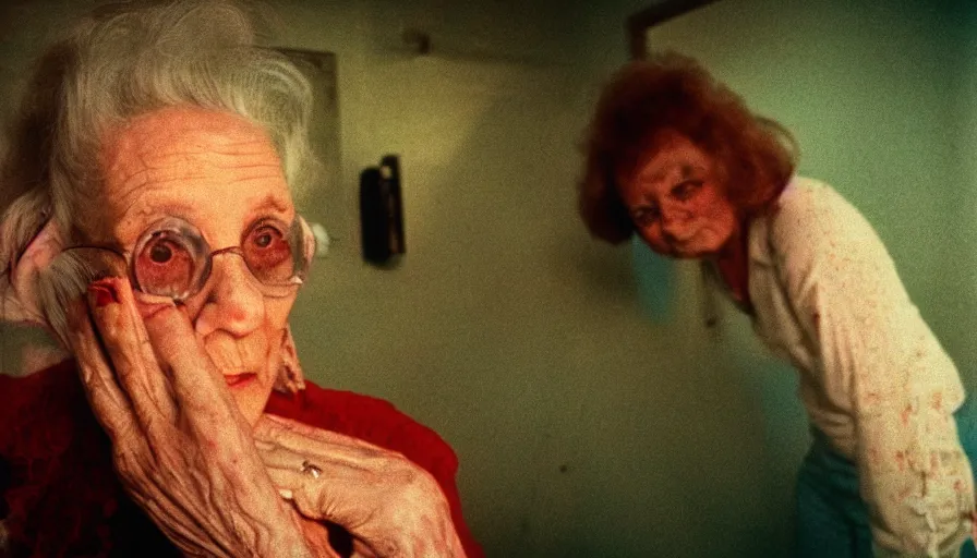 Image similar to a 7 0 s film still from a horror movie of an elderly woman suffering from radiation induced erythema, kodachrome, cinecolor, cinestill, film grain, film texture, retro, cinematic, high resolution, photorealism,