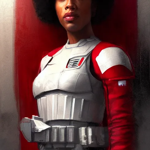 Prompt: portrait of a woman by greg rutkowski, a jedi knight, afroamerican, wearing a red and white tactical gear, star wars expanded universe, highly detailed portrait, she is about 3 0 years old, digital painting, artstation, concept art, smooth, sharp foccus ilustration, artstation hq