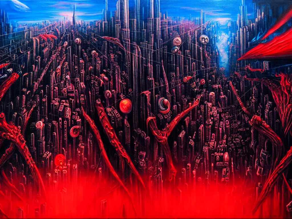 Prompt: an epic cityscape painting of a nightmarish hellscape full of cosmic horrors, wall street, horror, surreal, cyberpunk, dark, vivid, red, blue, oil on canvas, epic, dramatic, cinematic