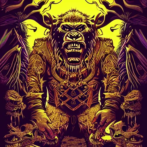 Image similar to barong family member, wiwek, mara demon, one single tribe member, jungle, one single mask, dark, ancient warrior, gorilla, lizard, tribal, inner glow, art by dan mumford and justin gerard and andy warhol