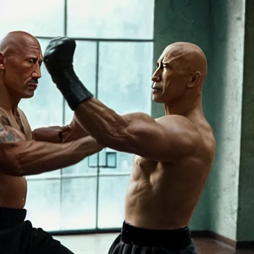 Image similar to film still of dwayne johnson as ip man, pose wing chun style