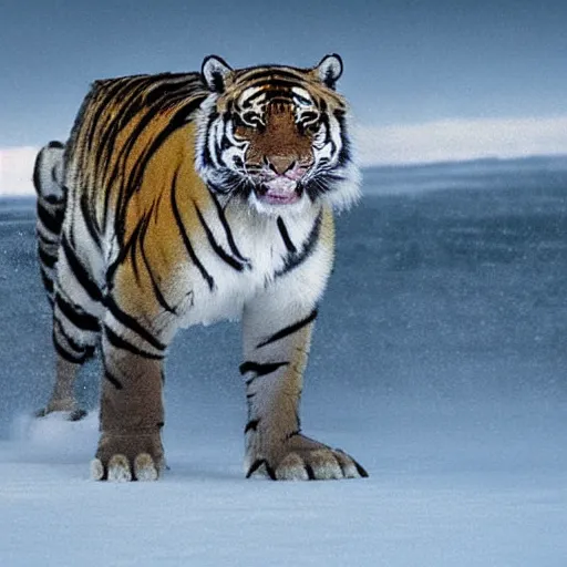 Image similar to A shark tiger hybrid in the Arctic snow. A creature that is half tiger half shark. National Geographic photograph