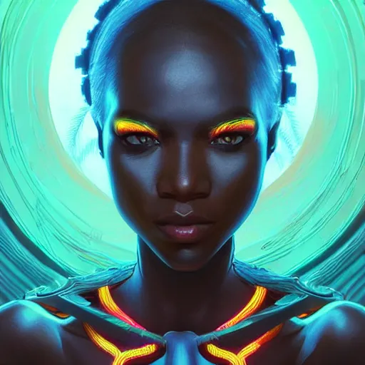 Image similar to african neon necromancer, science fiction, highly detailed, digital painting, beautiful eyes, symmetry, concept art, sharp focus, illustration, global illumination, radiant light, synthwave colors, detailed and intricate environment, art by artgerm and greg rutkowski and magali villeneuve and ilya kuvshinov!