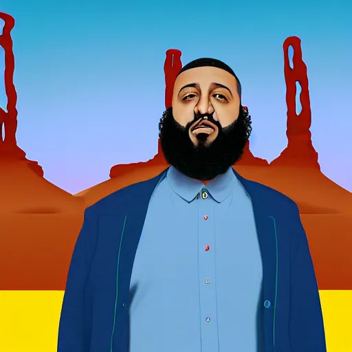 Image similar to ultra realistic portrait of dj khaled in a studio, ultra detailed, under blue, red and yellow cinematic lighting, salvador dali, cartoon, monument valley, escher