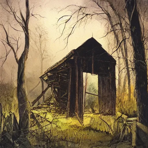 Image similar to a crumbling shed in the woods at night by simon bisley