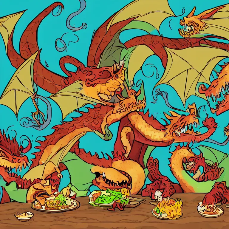 Image similar to dragons eating tacos, childrens book illustration