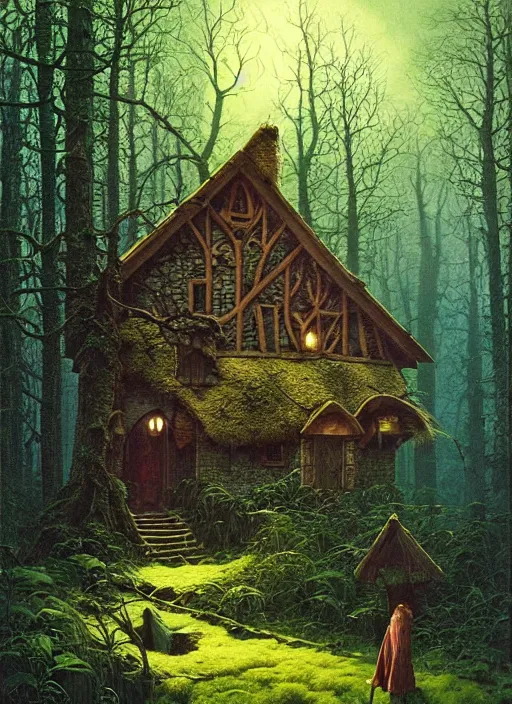 Image similar to hyper realistic witch cottage with mood lighting and technology in the woods gorgeous lighting, sunbeams blue sky, highly detailed, lush forest foliage painting by zdzisław beksinski and norman rockwell and greg rutkowski weta studio, and lucasfilm