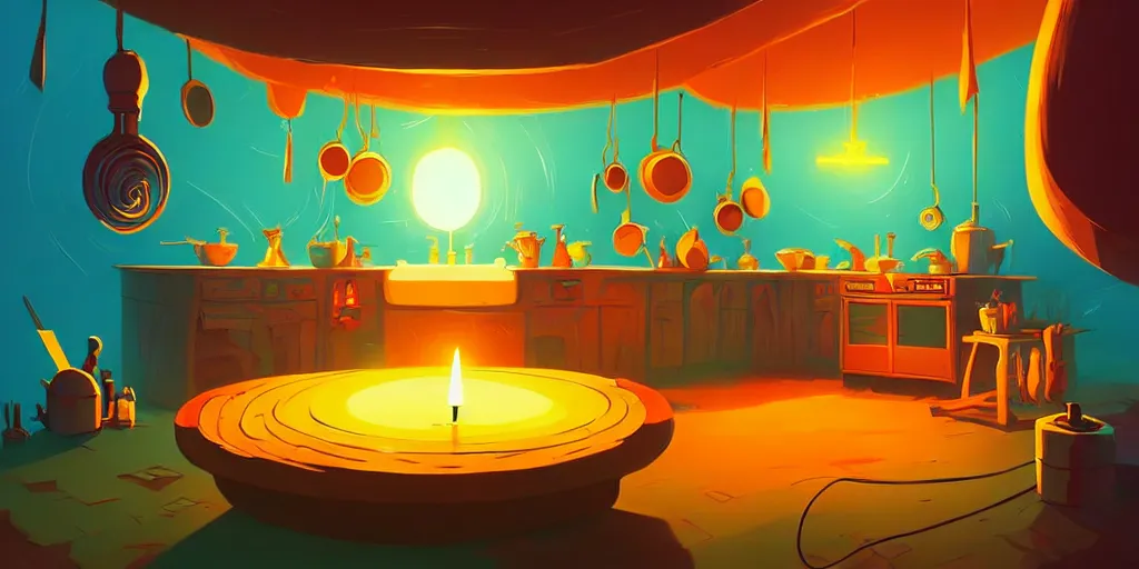 Prompt: weird perspective, cel shading, epic detailed illustration of a kitchen dim lit by 1 candle in a scenic spiral environment by anton fadeev from lorax movie, trending artstation