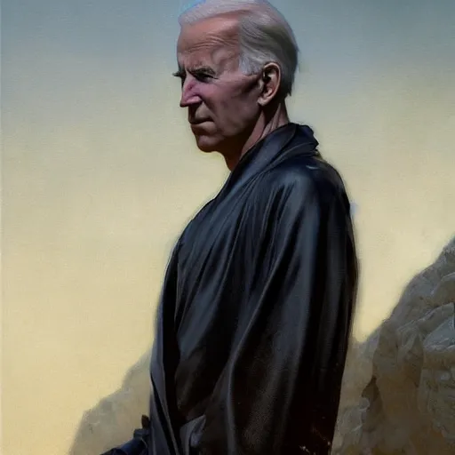 Image similar to detailed realistic cinematic wide shot of beautiful attractive young joe biden cyborg man wearing black bath robe slim face symettrical face clean skin black eyes black robe smooth, sharp focus, ultra realistic, spring light, painting by gaston bussiere, craig mullins, j. c. leyendecker