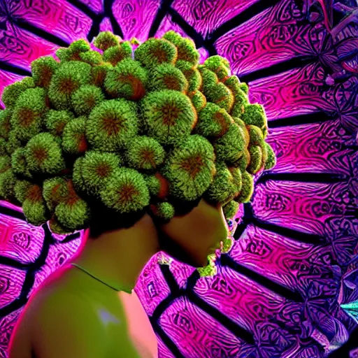 Image similar to symmetry!!, an african marijuanna shaman with an afro made of flowers, third eye art art by machina infinitum, complexity from simplicity, rendered in octane, mandelbulb 3 d, ambient occlusion, macro photography, felt!!! texture, tribal, neon! retrowave