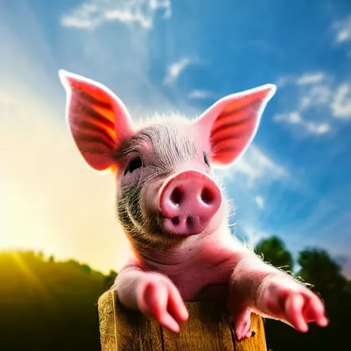 Prompt: photograph of baby pig with big ears as wings flying over romanian village, a blue sky, bokeh, dramatic lighting, professional photography