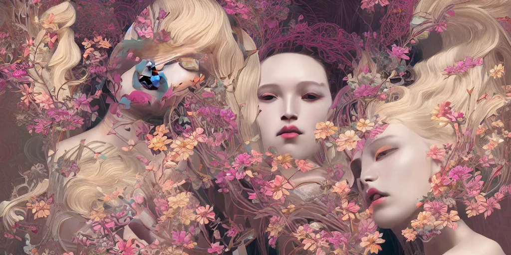 Image similar to breathtaking detailed concept art painting kaleidoscope art deco pattern of blonde faces goddesses amalmation flowers, by hsiao - ron cheng, bizarre compositions, exquisite detail, extremely moody lighting, 8 k