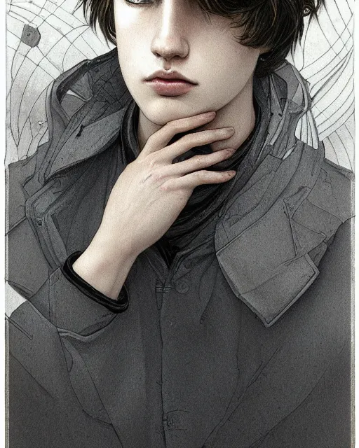 Image similar to portrait a 1 5 - year - old boy, with slender, sleek white - blond hair, cold grey eyes, a pale complexion with sharp and pointed features, wearing black clothes, hyper realistic face, beautiful eyes, close up, fantasy art, in the style of greg rutkowski, intricate, alphonse mucha, hyper detailed, smooth