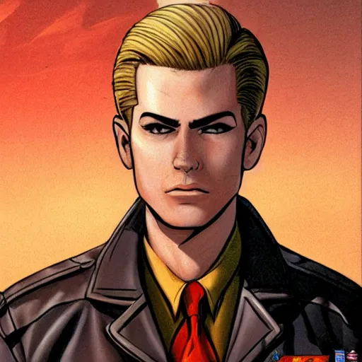 Image similar to character concept art of heroic square - jawed emotionless serious blonde handsome butch princely woman aviator, with very short butch slicked - back hair, wearing brown leather jacket, standing in front of small spacecraft, illustration, science fiction, retrofuture, highly detailed, ron cobb, mike mignogna