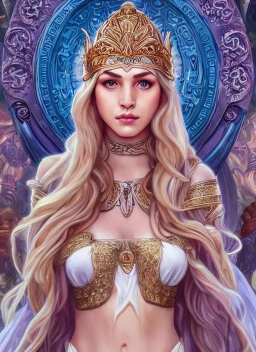 Image similar to Jaina Proudmoore as a Greek Goddess, beautiful detailed eyes, cute, fantasy, intricate, elegant, highly detailed, digital painting, 4k, HDR, concept art, detailed jewelry, smooth, sharp focus, illustration, art by Artgerm, H R Giger and Alphonse Mucha