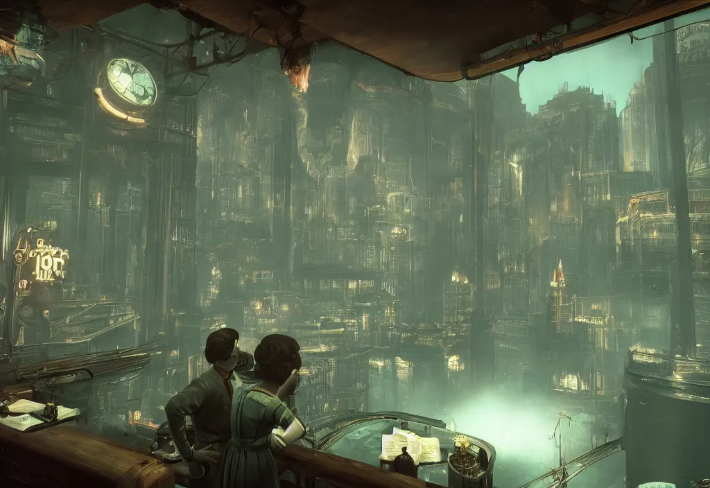 Image similar to In the world of rapture from the world of bioshock you are in a bar, there is a window that lets you see the whole city underwater and you are drinking a rum and coke, there are masks on the tables, there is a band playing in the corner