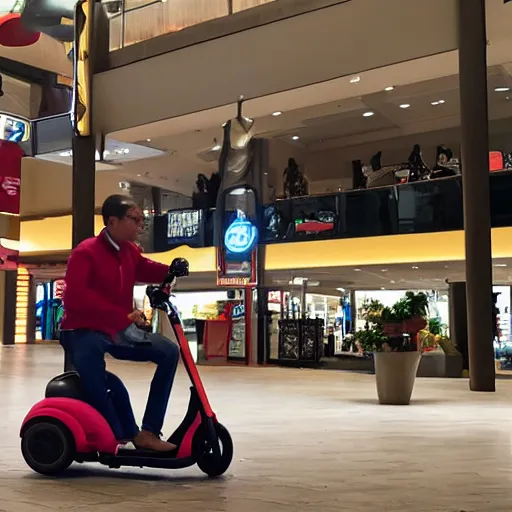 Image similar to photo of a anthropomorphic pig on a mobility scooter in a mall