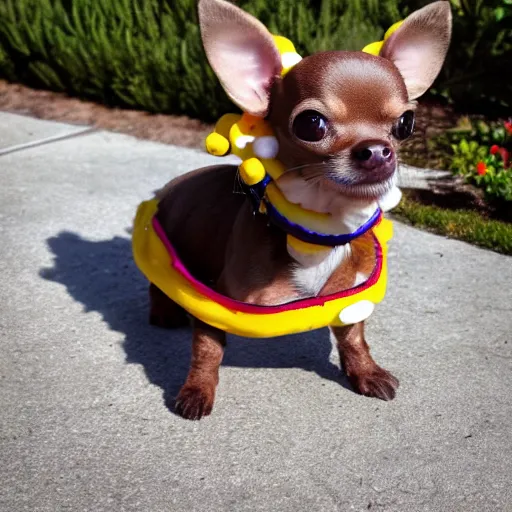 Image similar to photo of mini brown chihuahua in a bowser costume. Post processing , award winning , masterpiece , photo realistic