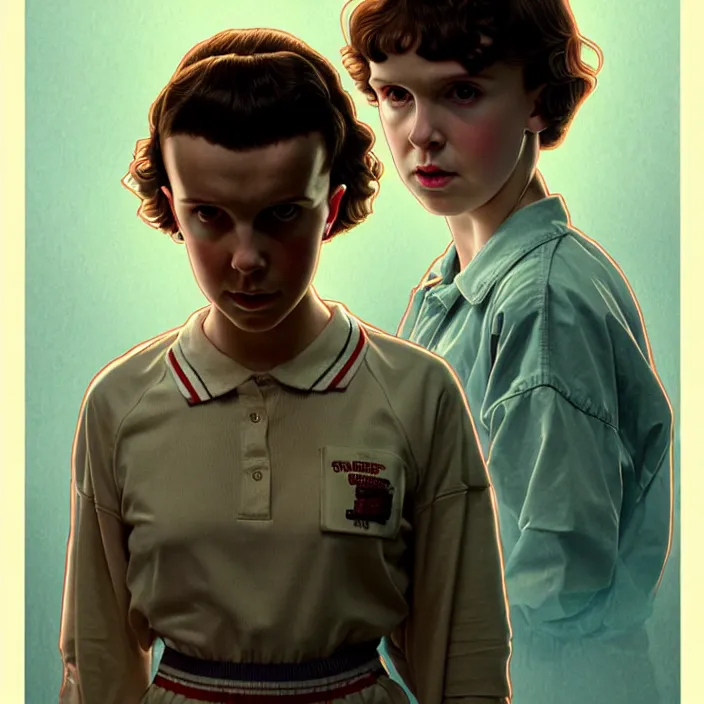 Image similar to Millie Bobbie Brown in Stranger Things as Eleven, diffuse lighting, fantasy, intricate, elegant, highly detailed, lifelike, photorealistic, digital painting, artstation, illustration, concept art, smooth, sharp focus, art by John Collier and Albert Aublet and Krenz Cushart and Artem Demura and Alphonse Mucha