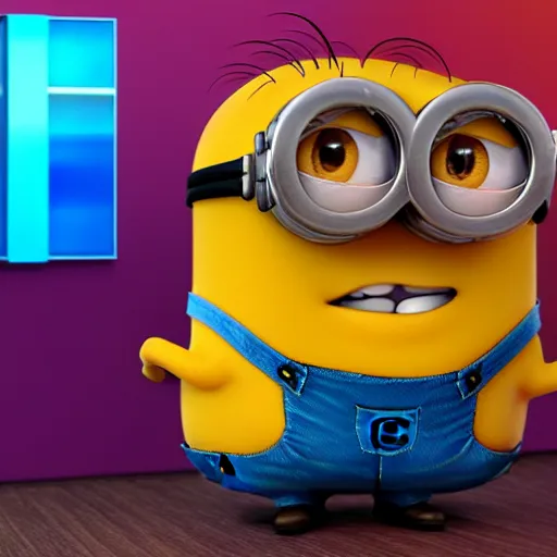 Prompt: Minion on Dr Phil's TV show, photorealistic, promo art, hyper detailed, 8k, happy, excited, joy, crazy. Bright colors. Rendered in Unreal Engine. Trending on Artstation