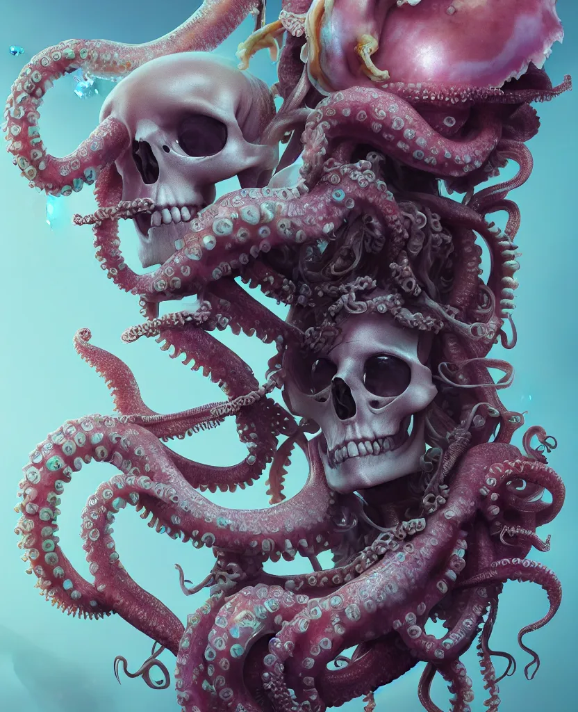 Image similar to goddess close - up portrait human skeleton, ram skull, octopus, jellyfish, orchid, betta fish, bioluminiscent, intricate artwork by tooth wu and wlop and beeple. octane render, trending on artstation, greg rutkowski very coherent symmetrical artwork. cinematic, hyper realism, high detail, octane render, 8 k